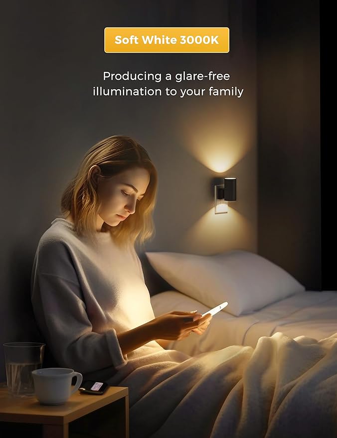 L LOHAS LED Night Light Plug in, 4 Pack, Dimmable Night Lights Plug into Wall, Light Sensor Nightlight, Soft White 3000K with Black Shade, Plug in Nightlights for Hallway Bathroom Kitchen Bedroom
