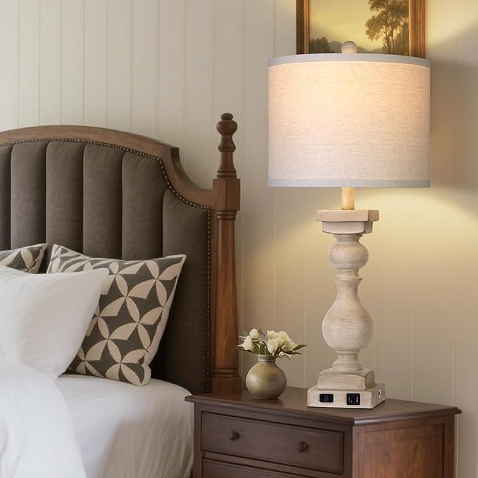 MOUVOVO 28" Tall Farmhouse Table Lamps Set of 2 with USB C+A Ports and AC Outlet, 3 Way Touch Tall Rustic Bedside Lamps for Living Room, Beige Vintage Lamps for Bedroom