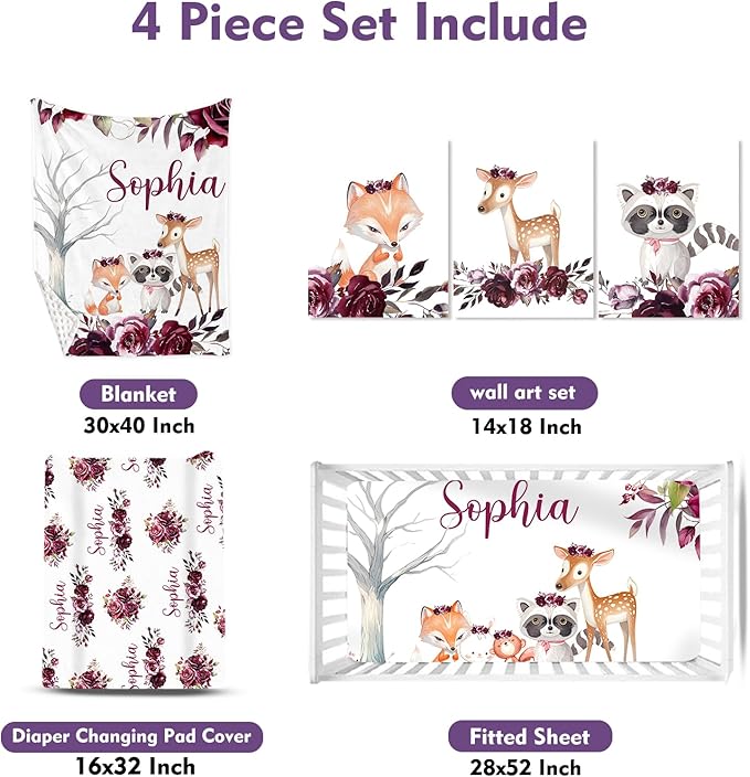 Personalized Baby Crib Bedding Set: 4 Piece Custom Gift Crib Bed Set with Name - Rose Animal Design, Nursery Bedding Set for Baby Girls,Newborn Girls Crib Sets, Crib Bedding Shower Gifts