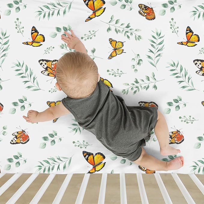Butterflies Green Leaves Baby Crib Sheets for Boy Girl 52x28Inch Spring Garden Soft Stretchy Fitted Crib Mattress Cover Boho Greenery Nursery Baby Sheet for Crib & Toddler Bed Mattresses