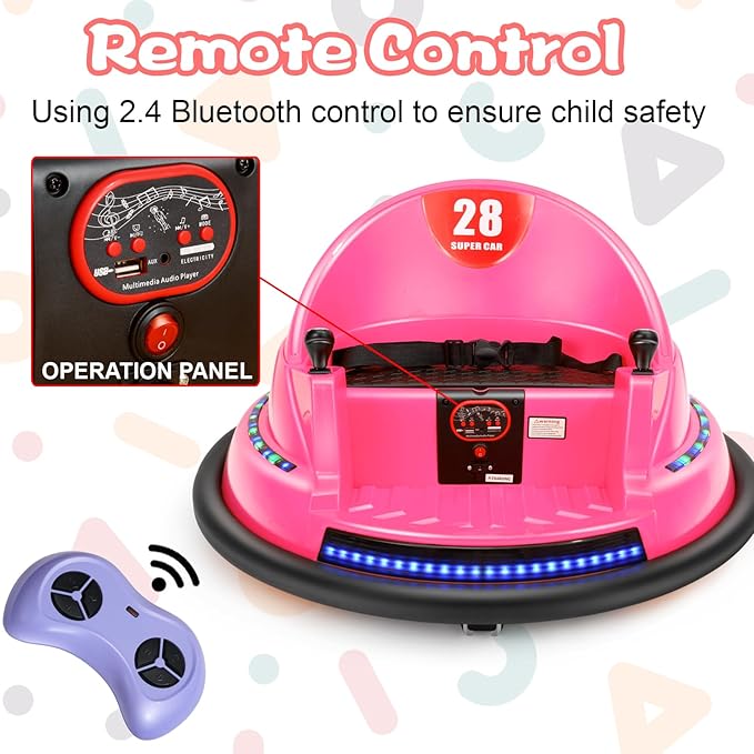 Edostory 6V Electric Ride On Bumper Car for Kids, 1.5-8 Years Old Baby Bumping Toy Cars, DIY Sticker Baby Toy Gifts, Remote Control, Bluetooth, 360 Spin DIY Numbers 00-9 ASTM-Certified Pink