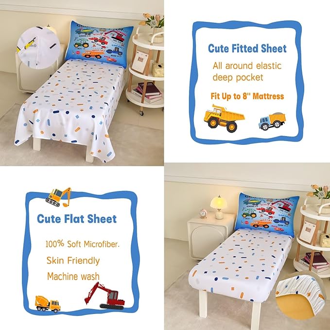 4 Piece Toddler Bedding Set for Boys,Cars Construction Toddler Bed Comforter Set Includes Comforter,Flat Sheet,Fitted Sheet and Pillowcase,Christan Trucks Tractors Bed in A Bag for Kids Bedroom
