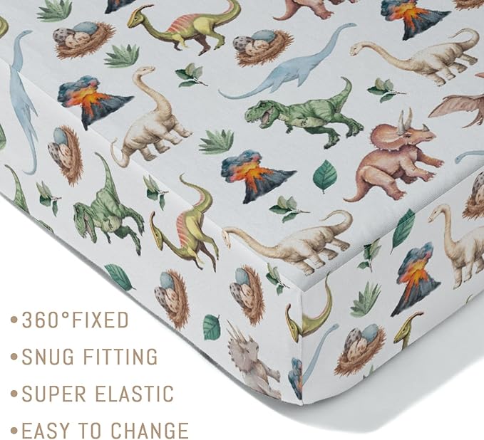 Watercolor Dinosaurs Baby Crib Sheets for Boy Girl Dino Eggs Leaves Volcano Adventure Soft Snug Fitted Crib Mattress Covers Fit 52''x28'' Standard Crib & Toddler Mattress Jungle Animal Bed Sheets