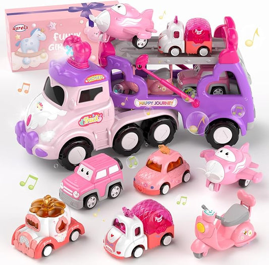 Cars Toys for 2 + 3 + Year Old Girl, 7-in-1 Princess Transport Carrier Trucks for Toddlers Girl 2-4, Friction Power Toy Cars with Lights & Music, Birthday Gift for Girls Age 2 3.