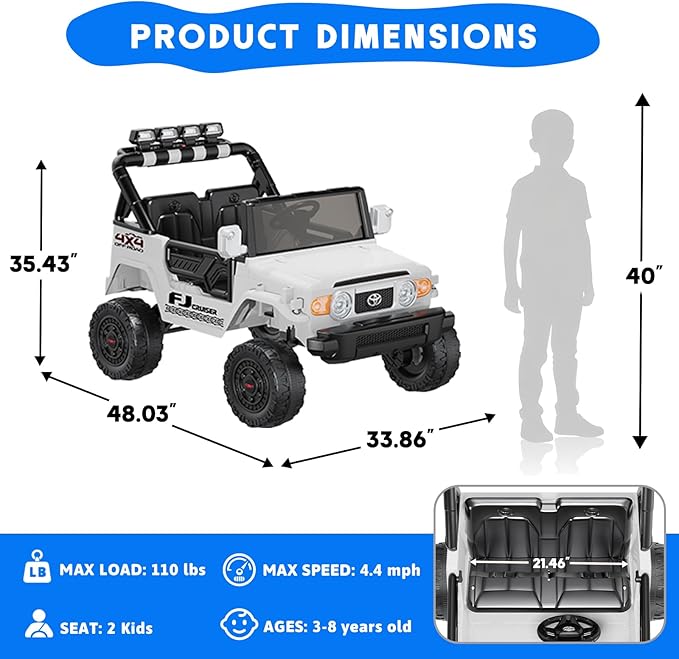 24V Ride on Toys for Kids, Licensed Toyota FJ, 2 Seater Ride on Car with Remote Control, Electric Car w/ 4-Wheeler Suspension, Led Light, Music, USB, Electric Vehicle for Age 3-8, White