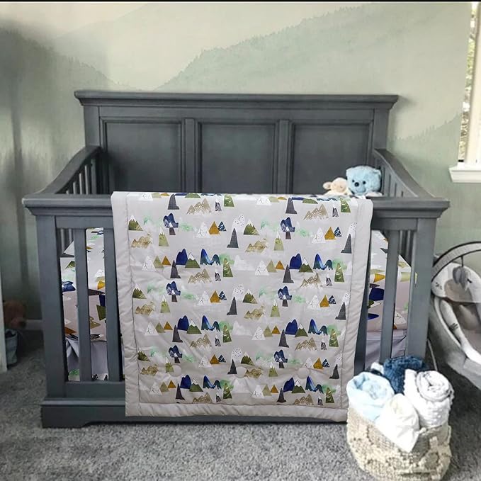 TANOFAR 4 Piece Crib Bedding Set for Boys, Infant & Toddler Nursery Bed Set with Crib Skirt, Quilt, Crib Sheet and Diaper Stacke, Standard Size Soft Baby Bed Set (Grey Mountain)