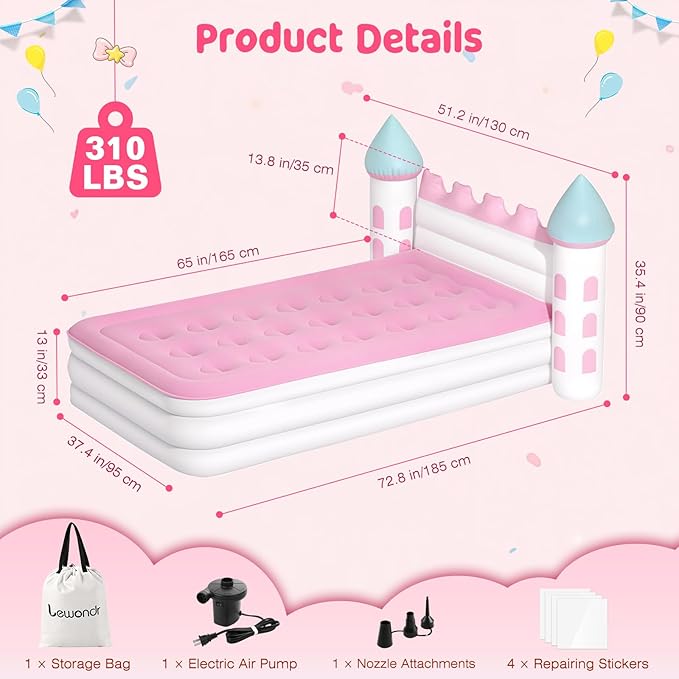 Lewondr Inflatable Kids Bed, Pink Castle Toddler Travel Bed with Electric Air Pump, Kids Blow Up Mattress with Portable Storage Bag, Kids Air Mattress Princess Toddler Bed for Home Camping Sleepovers