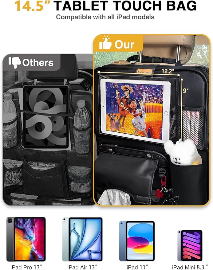 Drsvabze 1-Pack Leather Car Backseat Organizer with Tablet Holder–Foldable Food Tray,Storage Pockets,Trash Can,Tissue Holder & Insulated Bag–Kick Mats Protector for Kids,Travel Accessories Organizer