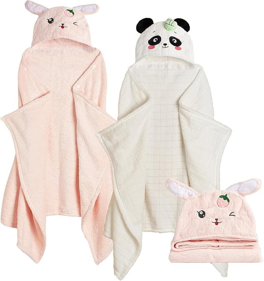 Hooded Toddler Towels with Animal Hood - 500GSM Ultra Soft & 6X Absorbent Baby Bath Towel, Large 28x55 Inch Coral Fleece Hooded Kids Towel for Boys Girls, Cape Blanket 2 Pack