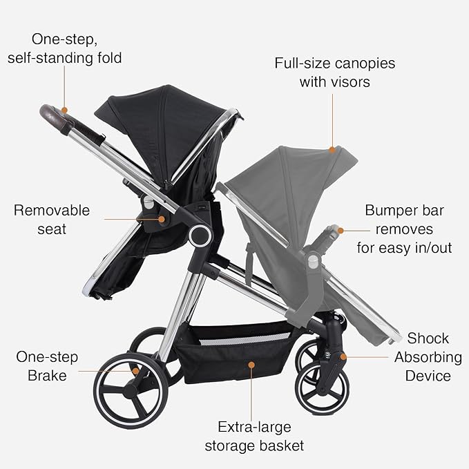 Double Stroller for Twins Infants and Toddlers, Foldable Tandem, Convertible Twin to Single Stroller, Compact Light Weight， Ages 0-3 Years
