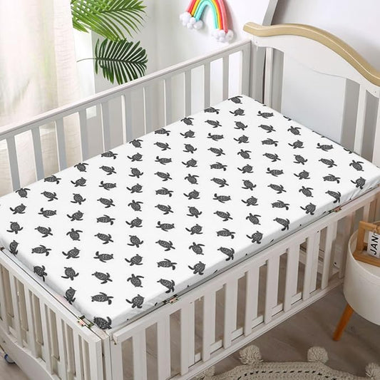 Sea Turtle Themed Fitted Crib Sheet,Standard Crib Mattress Fitted Sheet Soft and Breathable Bed Sheets-Great for Boy or Girl Room or Nursery,28“ x52“,Charcoal Grey White