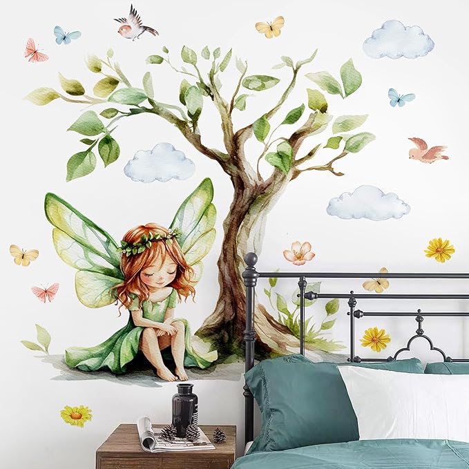 DRWSSR 2Sheets Removable Cartoon Green Butterfly Elf Girl Decals Fairy Wall Decals DIY Tree and Leaves Wall Sticker Peel and Stick Butterfly Bird Art for Girls Room Living Room Bedroom Bathroom Decor