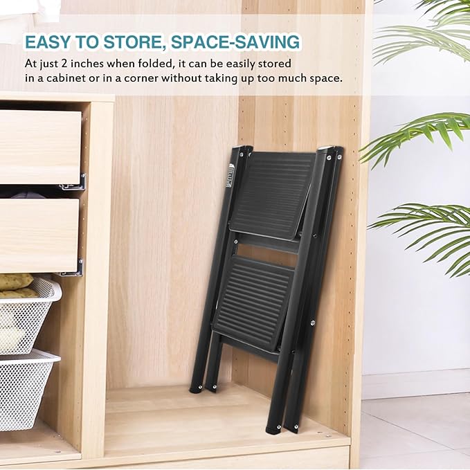 BOCOM 2 Step Ladder, Lightweight Portable Foldable Collapsible Folding Sturdy Iron Metal Step Stool with Anti-Slip Wide Pedal, Heavy Duty 330 lbs Capacity, for Home, Kitchen, Closet, Adults, Black