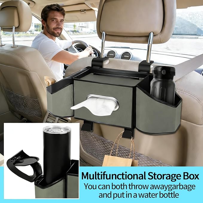 Oivjckx 7-In-1 Multifunctional Car Seat Back Organizer with Cup Holders, Tissue Box, Garbage Can & Hooks, Headrest Storage & Cup Holder for Backseat (Grey)