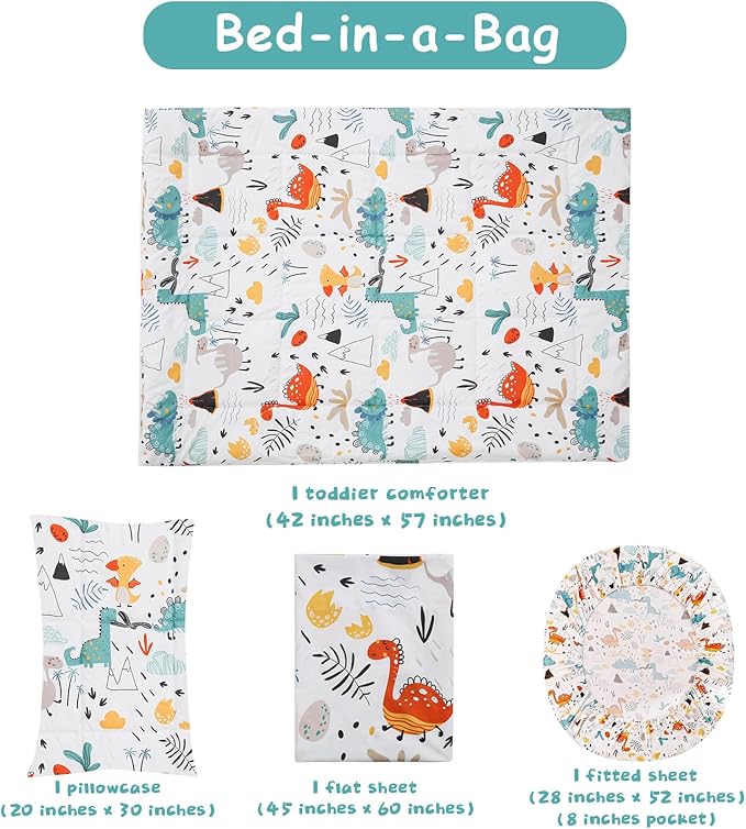 JSD Dinosaur Toddler Bedding Set, 4 Piece Bed-in-a-Bag Toddler Comforter Sheet Set, All Season Machine Washable