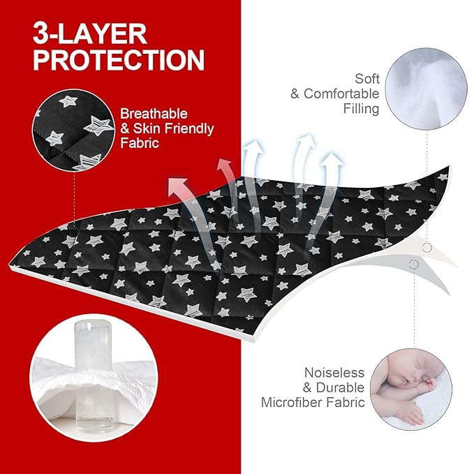 Pack and Play Sheets Fitted, Breathable Thick Playard Lovely Print Cover 39"×27"×5" Compatible with Graco Pack n Play, Black Star