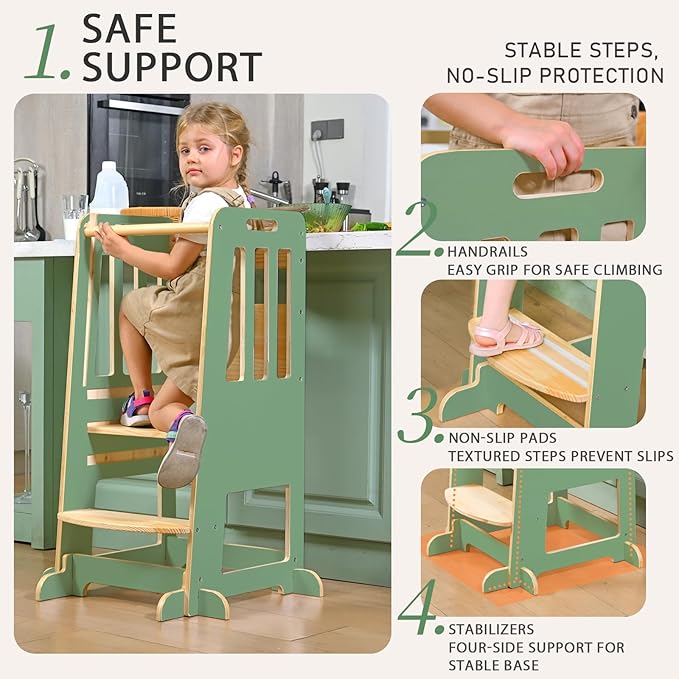 WINGYZ Toddler Tower – Adjustable Step Stool Helper for Kids 18M–6Y, Kitchen Learning Stool with Safety Rail, 3-Height Adjustable, Sliding Door, Full Support Foot, Wooden Updated Design, Green