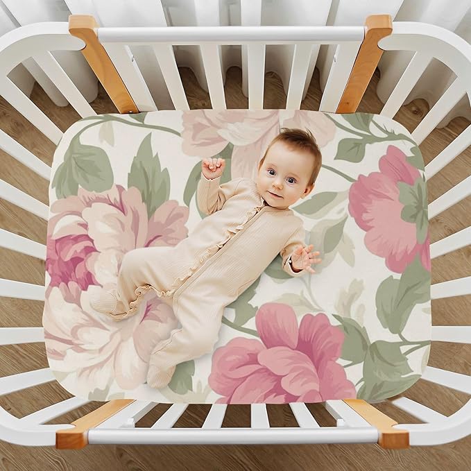 Peony Flowers Fresh Beige Crib Sheets Standard Crib Toddler Mattresses Cover Fitted Baby Bed Sheet Breathable Crib Mattress Sheet for Girls Boys 39''x27''x9''