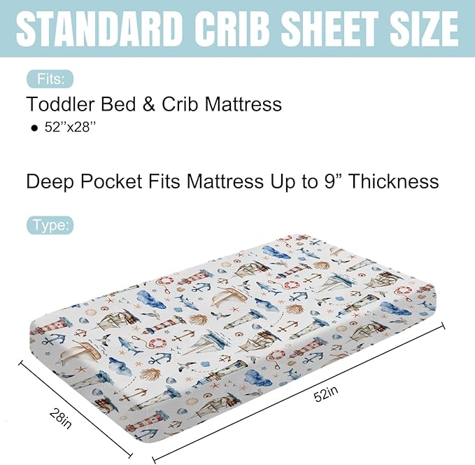 Watercolor Sailing Adventure Baby Crib Sheet 52''x28'' Nautical Life Lighthouse Boat Anchor Stretchy Fitted Crib Mattress Cover Boy Girl Beach Summer Baby Bed Sheet for Standard Crib Toddler Mattress