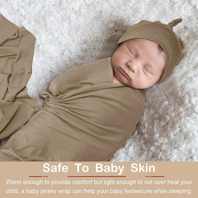 JaGely 2 Pcs Stretchy Baby Swaddle Blankets Set Extra Soft 47" x 47" Baby Newborn Swaddle Blanket and Hat(Apricot, Khaki)