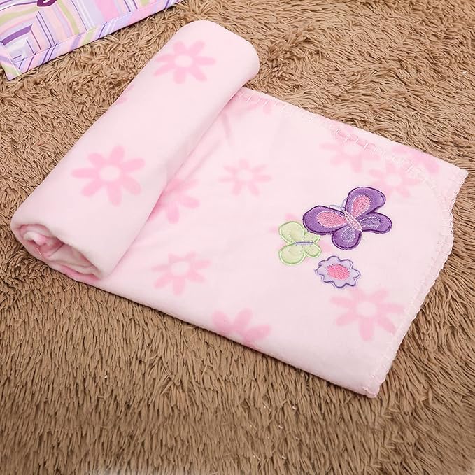 Butterfly Nursery Crib Beding Set for Girls Pink Purple -6 PCs Embroidery Flower Butterfly Baby Girl Bedding Set - Quilt/Fitted Sheet x 2/ Skirt/Diaper Stacker/Blanket 28'' x 52 ''