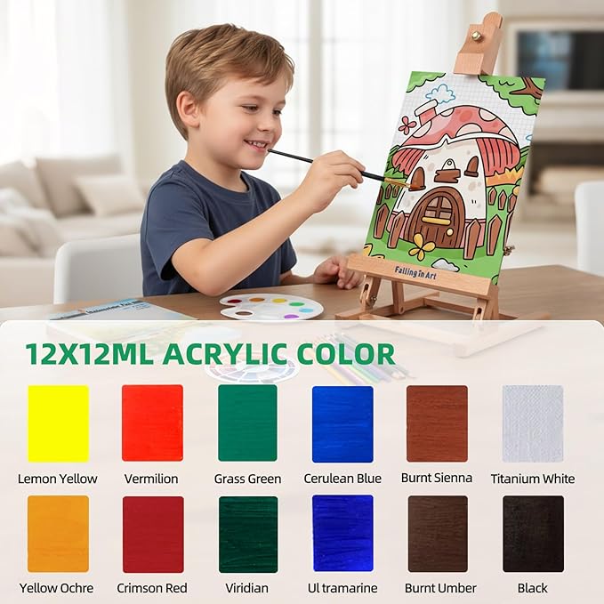Falling in Art 52Pcs Acrylic Paint Set with Table Easel, Art Painting Kit with Acrylic Paints, Canvas Panels, Paintbrushes, Canvas Supplies Kit for Kids, Adults, Beginners, and Artists, Green