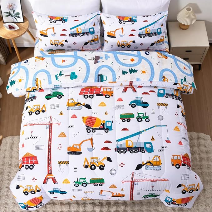 NTBED 5 Pieces Construction Truck Twin Comforter Set for Boys Kids Building Vehicles Excavator Lightweight Microfiber Bedding Sets