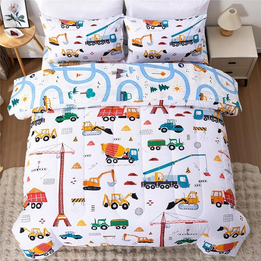 NTBED 5 Pieces Construction Truck Twin Comforter Set for Boys Kids Building Vehicles Excavator Lightweight Microfiber Bedding Sets