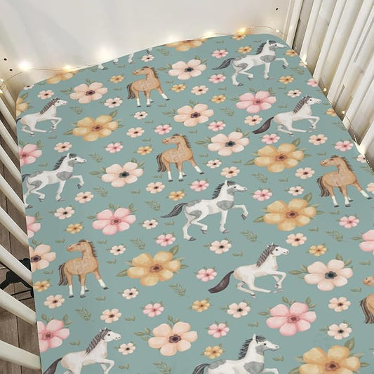 Watercolor Horse Floral Baby Crib Sheets for Boy Girl 52"x28" Running Horses Boho Flowers Soft Snug Fitted Crib Mattress Cover Wild Animals Baby Sheet for Standard Crib & Toddler Bed Mattress Green