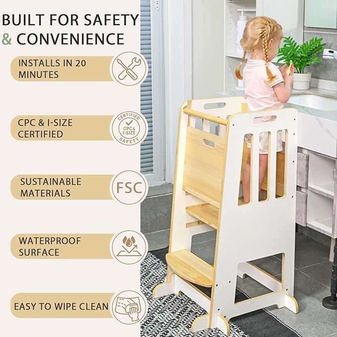 WINGYZ Toddler Tower – Adjustable Step Stool Helper for Kids 18M–6Y, Kitchen Learning Stool with Safety Rail, 3-Height Adjustable, Sliding Door, Full Support Foot, Wooden Updated Design, White