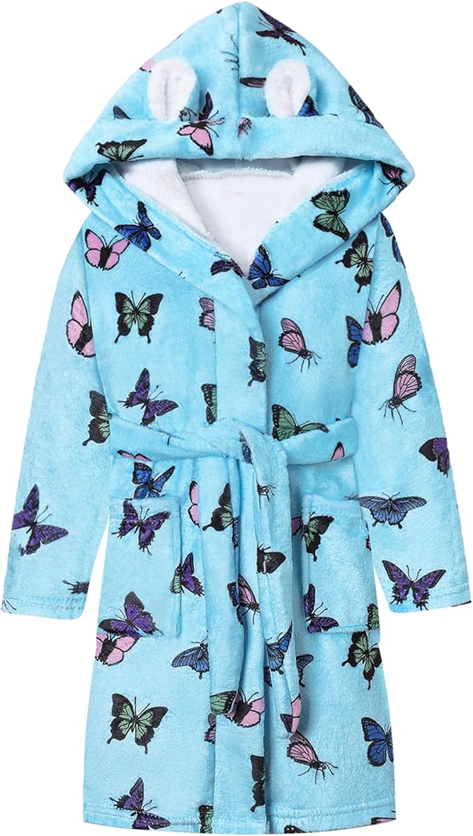 Umeyda Girls Fleece Hooded Robes, Warm Printed Bath Robe for Kids Soft Fuzzy Bathrobe for Gifts