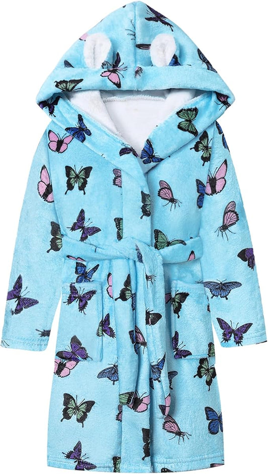 Umeyda Girls Fleece Hooded Robes, Warm Printed Bath Robe for Kids Soft Fuzzy Bathrobe for Gifts