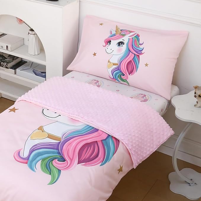 4 Piece Toddler Bedding Set - Ultra Soft Breathable Toddler Bedding Set for Girls, Includes Quilted Comforter, Flat Sheet, Fitted Sheet and Pillowcase(Unicorn)