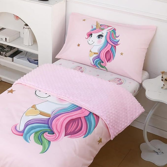 4 Piece Toddler Bedding Set - Ultra Soft Breathable Toddler Bedding Set for Girls, Includes Quilted Comforter, Flat Sheet, Fitted Sheet and Pillowcase(Unicorn)