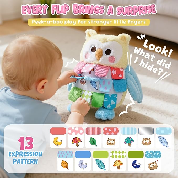 JoyCat Baby Toys for 0-12 Months,13 Inch Sensory Owl Stuffed Animal, Soft Montessori Tummy Time for Infant with Textured Crinkle Mirror, Carseat Toy for Newborn Boys & Girls Birthday Christmas Gifts