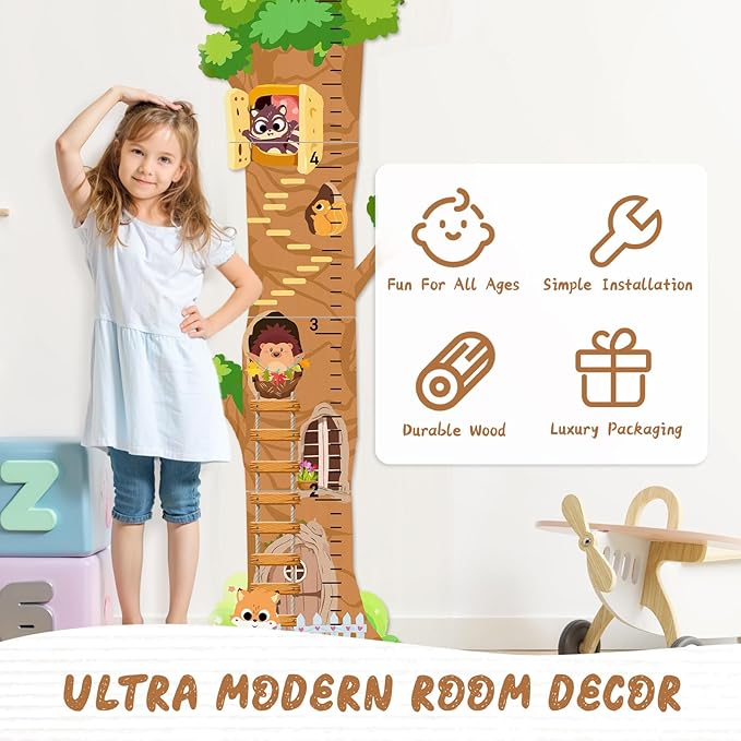 Woodemon Personalized Wooden Growth Chart, Tree House Animals Height Chart for Kids Room, Wood Kids Measuring Chart, Nursery Growth Chart Ruler Measuring Board for Boys Girls