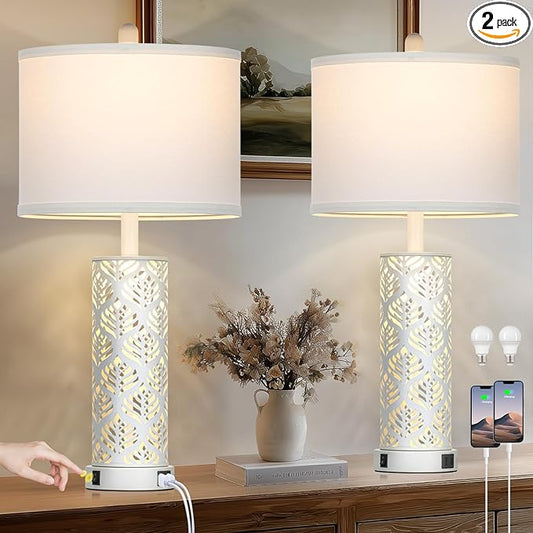 Cinkeda Set of 2 Rustic Table Lamps for Living Room Bedroom, Vintage Farmhouse Nightstand Lamp with 2 USB Ports, Hollow Out Metel Lamp for End Table with Nightlight (White)
