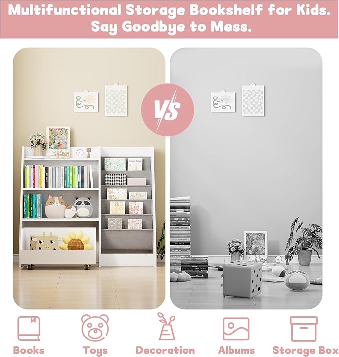 COZPAW Kids Bookshelf and Toy Storage, 4 Tier Toddler Bookshelf with Movable Drawer 5 Sling Pockets, Montessori Book Shelf for Kids Room, Playroom, Nursery (White)