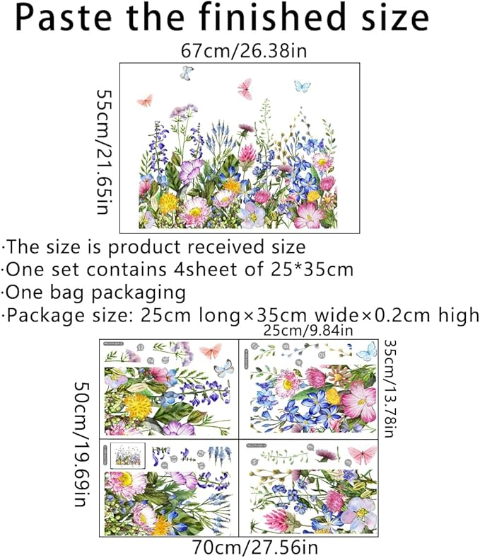 4 Pieces Flowers Wall Decals Vinyl Flowers Wall Stickers Removable Floral Murals Peel and Stick Colorful Flower Decor for Girls Bedroom Living Room Nursery (Butterfly)