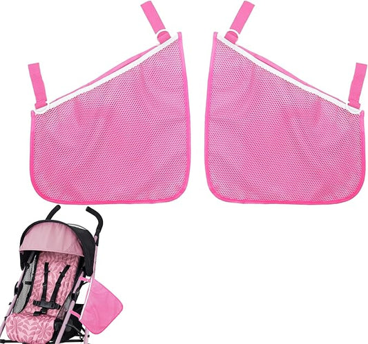 Alovexiong 2 Pack Universal Stroller Organizer Bag, Side Sling Cargo Stroller Net, Non-Slip and Adjustable Straps Storage Mesh Bag for Baby Accessories, Mesh Cargo Net for Stroller Storage - Pink