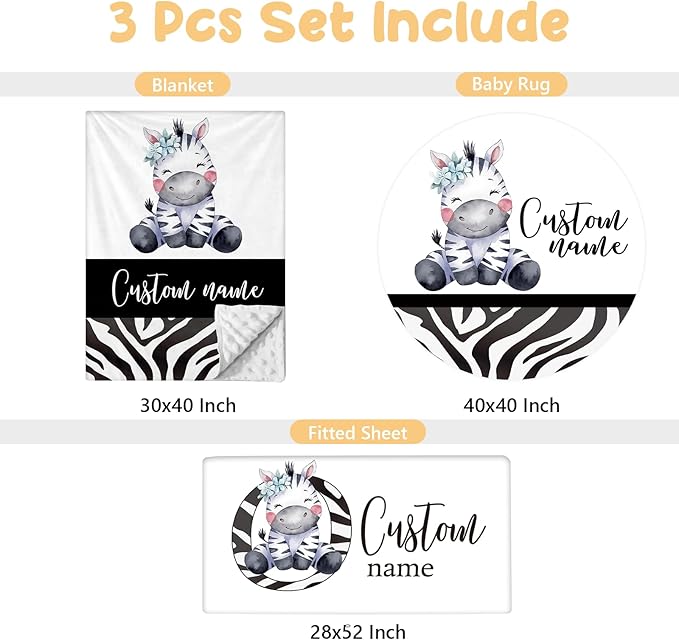 Custom Crib Bedding Set - 3 Pcs Personalized Name Baby Bedding Set for Nursery, Cool Double Layer Baby Crib Set for Boys Girls, Customized Gifts for Infant Toddler New Parents, Striped Zebra