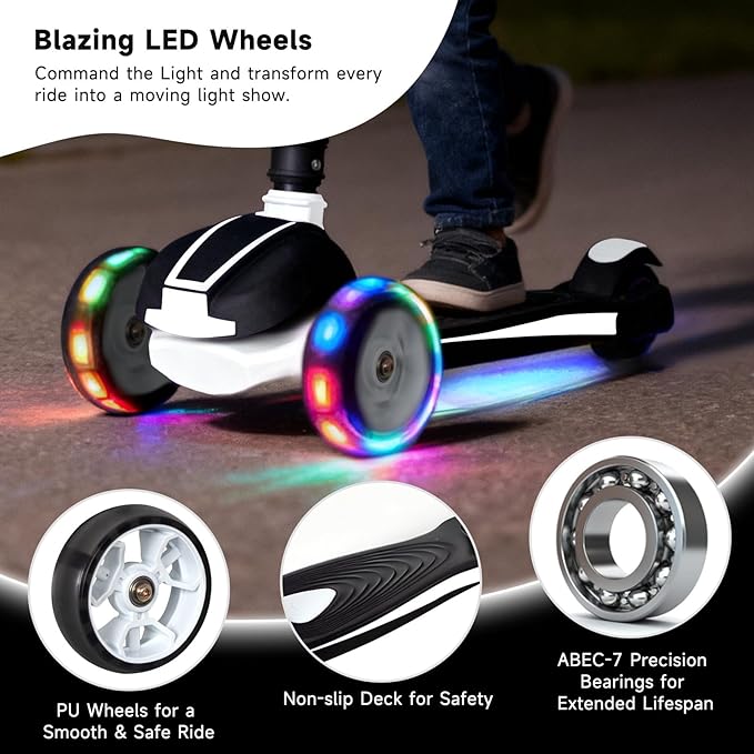 Nattork Kids Scooter for Age 3-8, Toddler Scooter with 4 Adjustable Height for Boys & Girls, Light Up 3-Wheels Foldable Kick Scooter, Lean to Steer, 120LB Weight Capacity