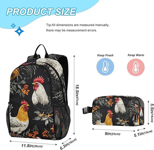Jucciaco Roosters and Hens Kid's Backpack with Lunch Bag for Boys Girls Travel School Backpack Sets