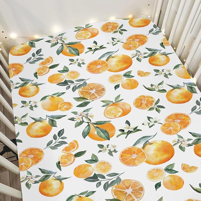 Watercolor Oranges Baby Crib Sheets for Boy Girl 52x28Inch Orange Flowers Leaves Soft Snug Fitted Crib Mattress Cover Summer Citrus Fruits Baby Sheet for Standard Crib & Toddler Bed Mattresses