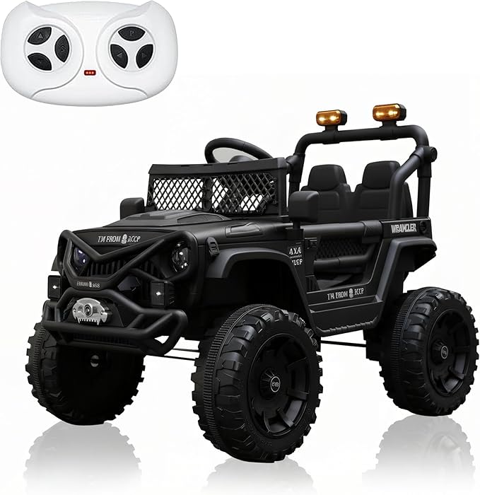 12V Kids Ride On Jeep-Style Car with Remote Control, Bluetooth Music & Stories, LED Headlights, Shock Absorption, Double Doors with Lock, Safe Speed, Battery Powered Electric Vehicle for Boys & Girls
