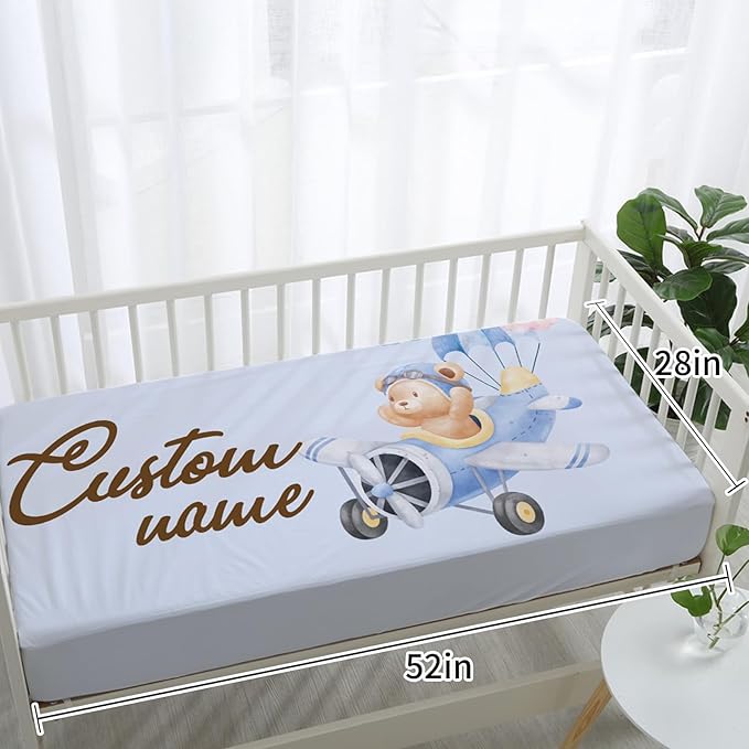 Aviator Bear Personalized Baby Crib Bedding Set, Custom Name Nursery Crib Set 5-Piece - Baby Blanket Fitted Sheet Changing Pad Cover Room Rug and Wall Art, Newborn Nursery Decor