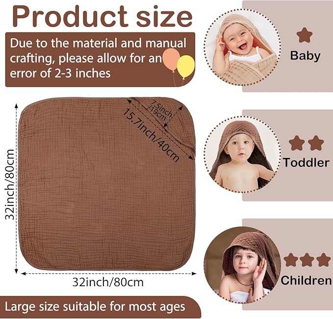 VitalCozy 6 Pcs Baby Muslin Hooded Bath Towels and Washcloths Muslin Cotton Hooded Baby Towels Absorbent Blankets for Gift Newborn Infant Shower (32 x 32 Inch,Brown,Coffee)