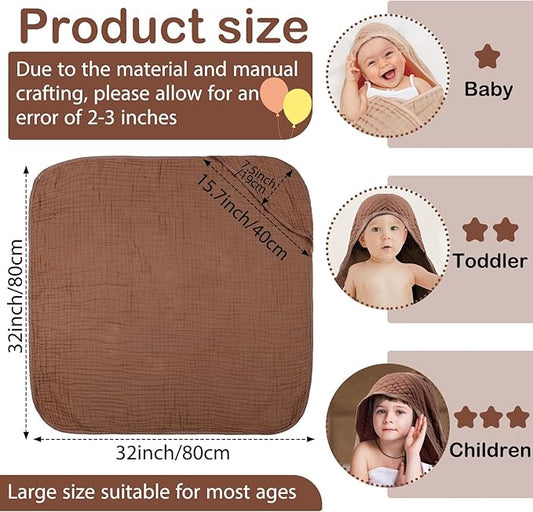 VitalCozy 6 Pcs Baby Muslin Hooded Bath Towels and Washcloths Muslin Cotton Hooded Baby Towels Absorbent Blankets for Gift Newborn Infant Shower (32 x 32 Inch,Brown,Coffee)