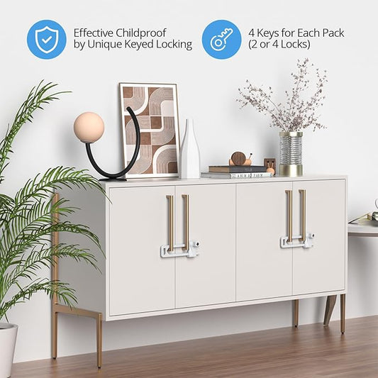 AST Keyed Cabinet Lock, 2 Locks 4 Keys Keyed Alike, Effective Childproof Cabinet Latch to Lockout Knobs and Handles, For Kitchen drawer Storage Cupboard Closet, Adjustable, Made of Metal (Matte White)