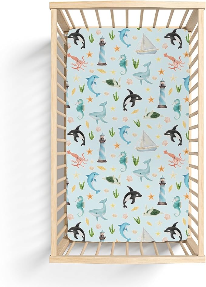 Colorful Ocean Animals Baby Crib Sheets for Boy Girl 28"x52" Sea Horse Whale Dolphin Turtle Lighthouse Soft Snug Fitted Crib Mattress Cover Nautical Baby Sheet for Standard Crib & Toddler Mattress